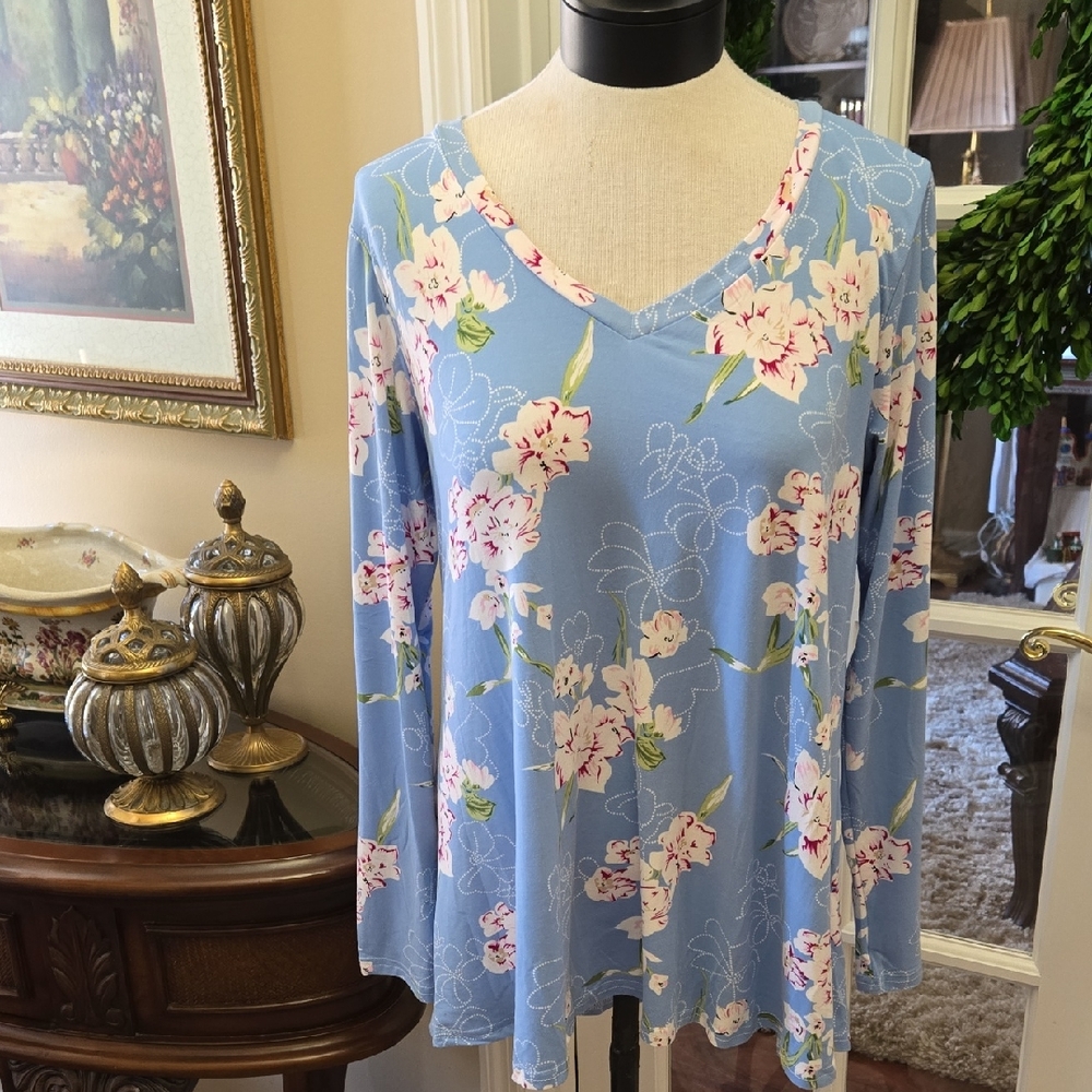 Wneedu Floral Long Sleeve Tunic Top Blue White Pink Vneck Stretch Large NEW